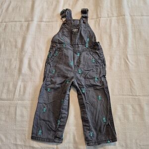 Oshkosh boys 18 months gray with blue embroidered skull overalls GUC